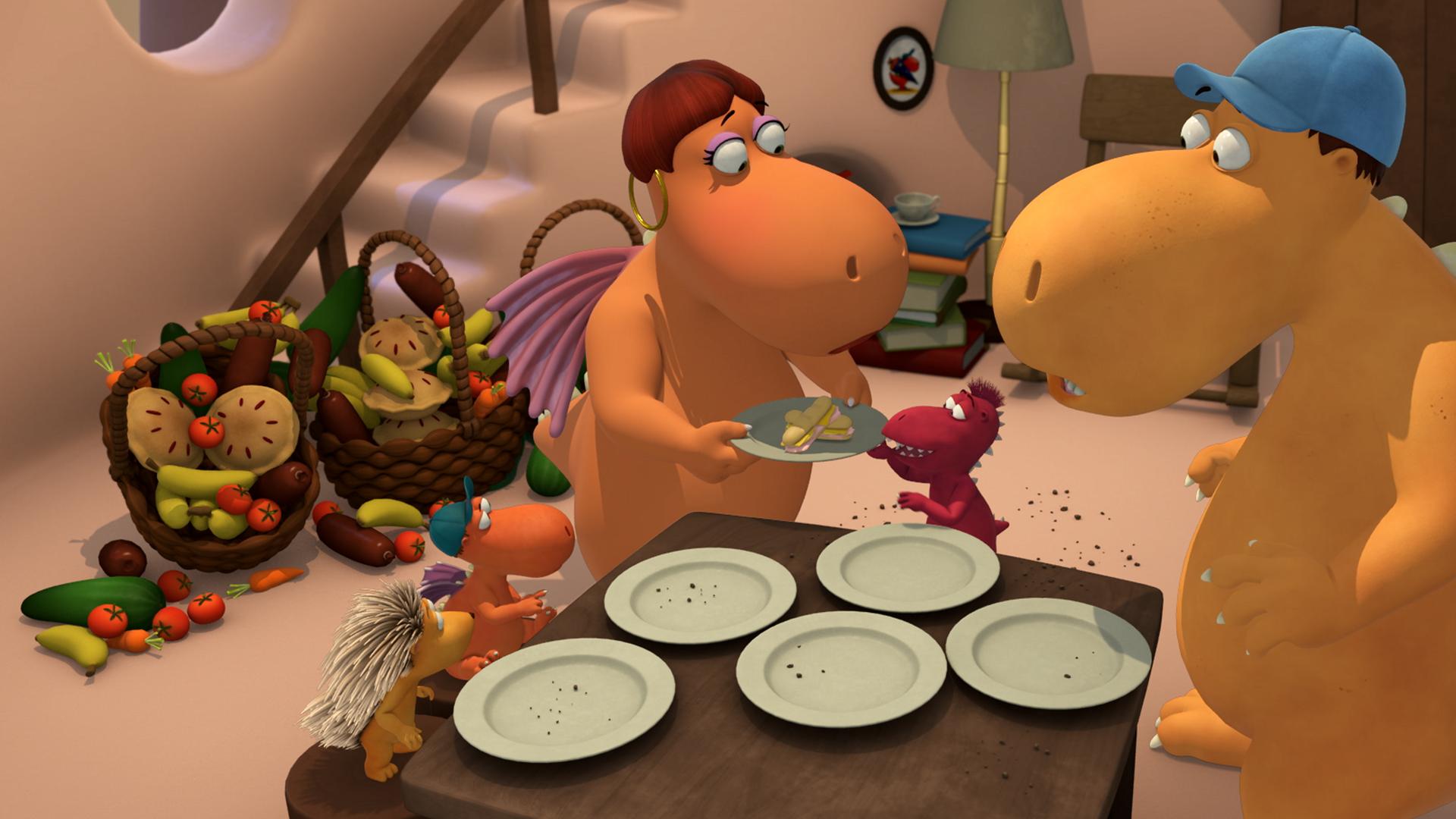 In Kokosnuss' Haus verschwindet seit Tagen auf unerklärliche Weise der komplette Fressvorrat. Kokosnuss, seine Eltern und Freunde stehen vor leeren Tellern auf dem Tisch.