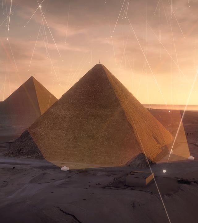 "Die Geheimnisse der Cheops-Pyramide": Die drei Pyramiden von Gizeh sind in warmes Licht getaucht. Aus dem Universum treffen kleine Teilchen auf die Erde, die Lichtspuren hinterlassen. So entsteht der Eindruck eines Teilchen-Schauers.