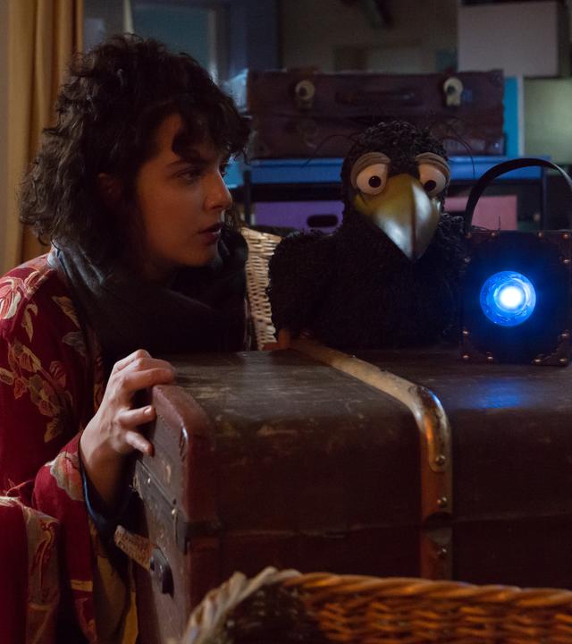 Es ist dunkel in Siebensteins Laden. Siebenstein schaut gespannt zu Rudi, der neben ihr hockt und eine blau leuchtende Lampe in den Laden richtet. Im Hintergrund liegt Koffer auf dem Tresen und schaut zu den beiden.