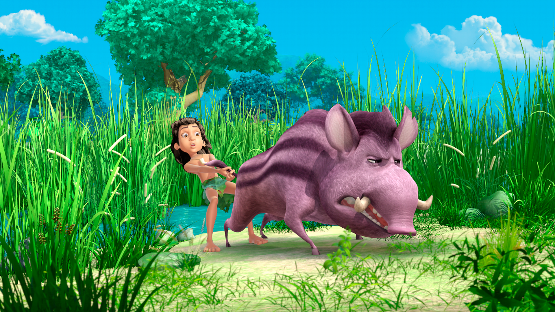 Mogli hält den wütend dreinblickenden Wildschweinkeiler Rana am Schwanz zurück.