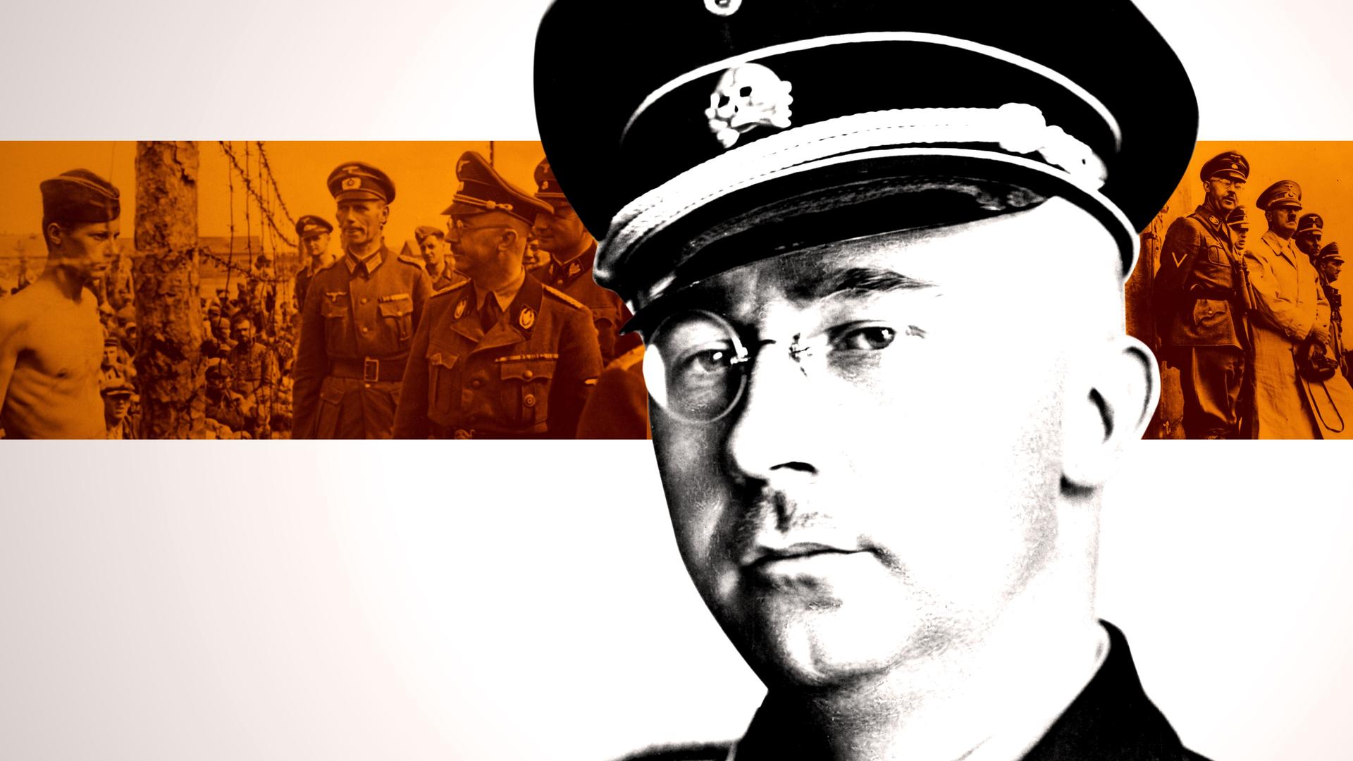 "Die Gesichter des Bösen: Der Aufstieg": Eine Nahaufnahme von Himmler, im Hintergrund eingefärbt Himmler bei einer Inspektion