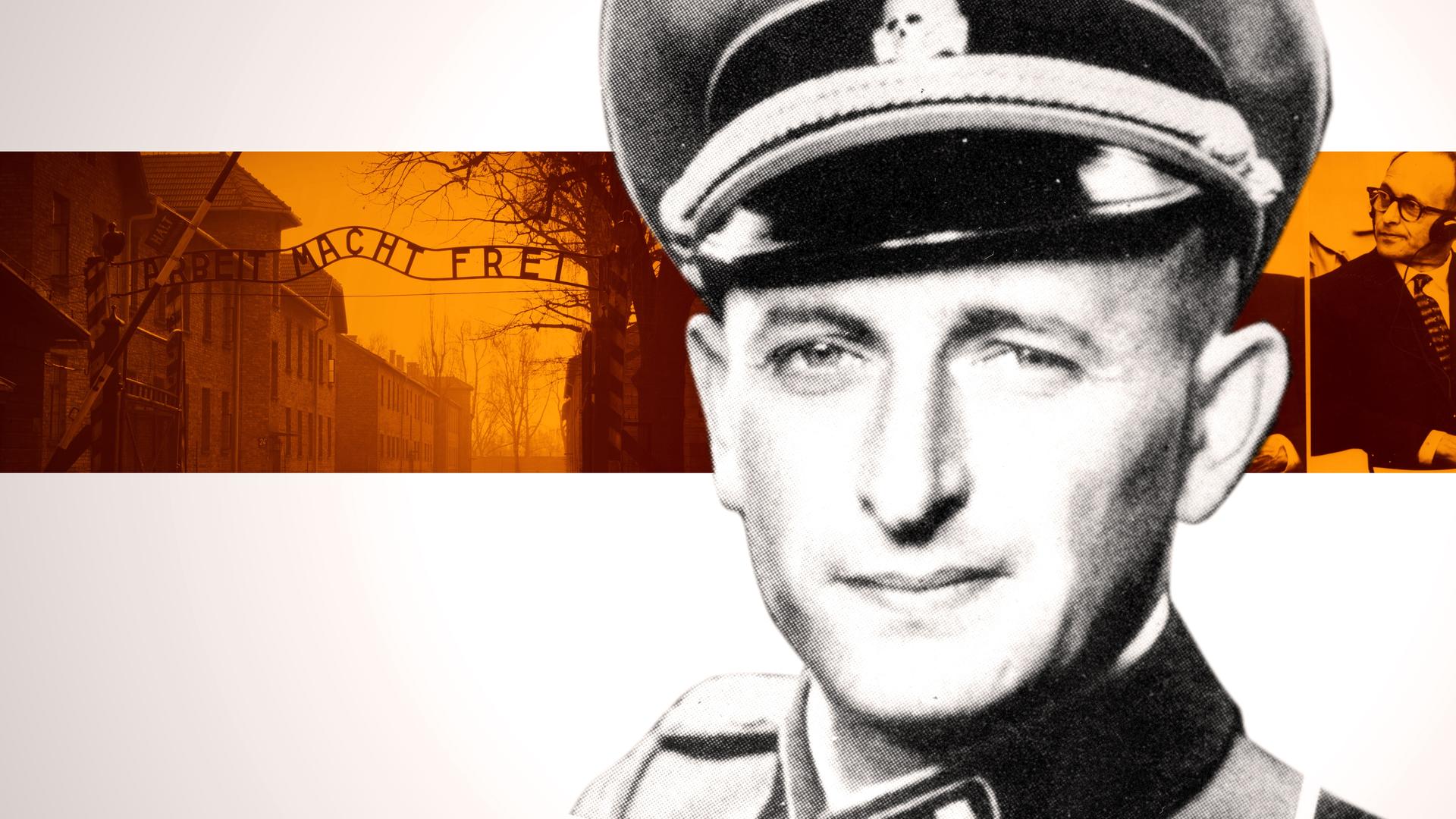Eine Nahaufnahme von Eichmann, im Hintergrund eingefärbt der Schriftzug „Arbeit macht frei“ an einem KZ-Tor. Rechts hinten ein spätes Bild vor Gericht.