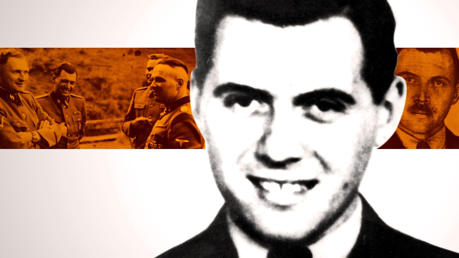 Eine Nahaufnahme von Mengele, im Hintergrund eingefärbt Mengele in einer „lustigen“ Runde unter Offizieren, rechts hinten ein spätes Portrait.