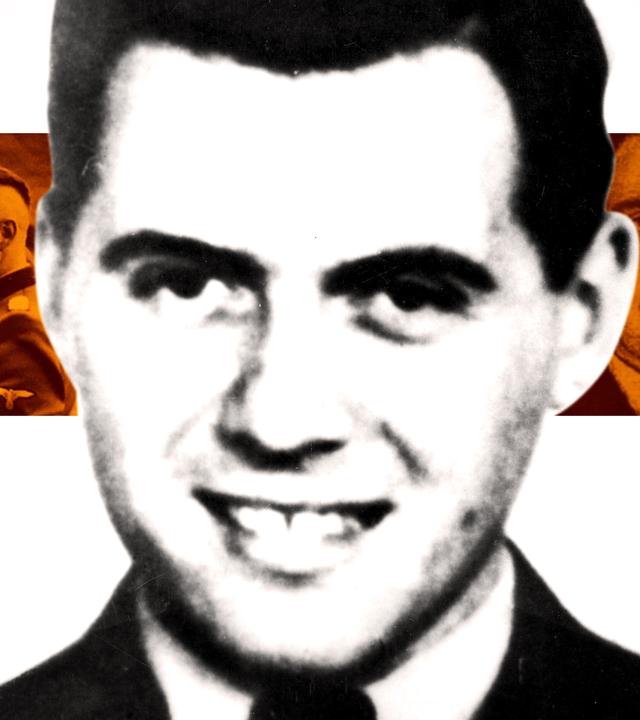 Eine Nahaufnahme von Mengele, im Hintergrund eingefärbt Mengele in einer „lustigen“ Runde unter Offizieren, rechts hinten ein spätes Portrait.