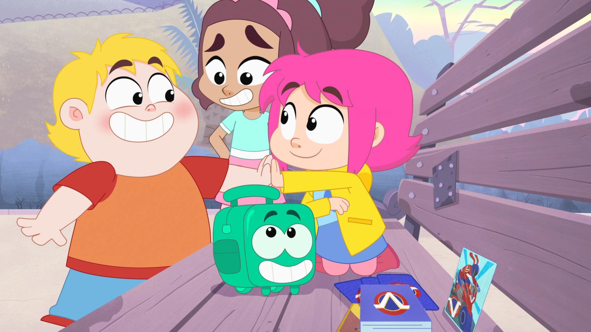 François, Nadine und Rebecca sitzen auf einer Parkbank und geben sich High-Five. Ernest ist als Rucksack getarnt und steht daneben.