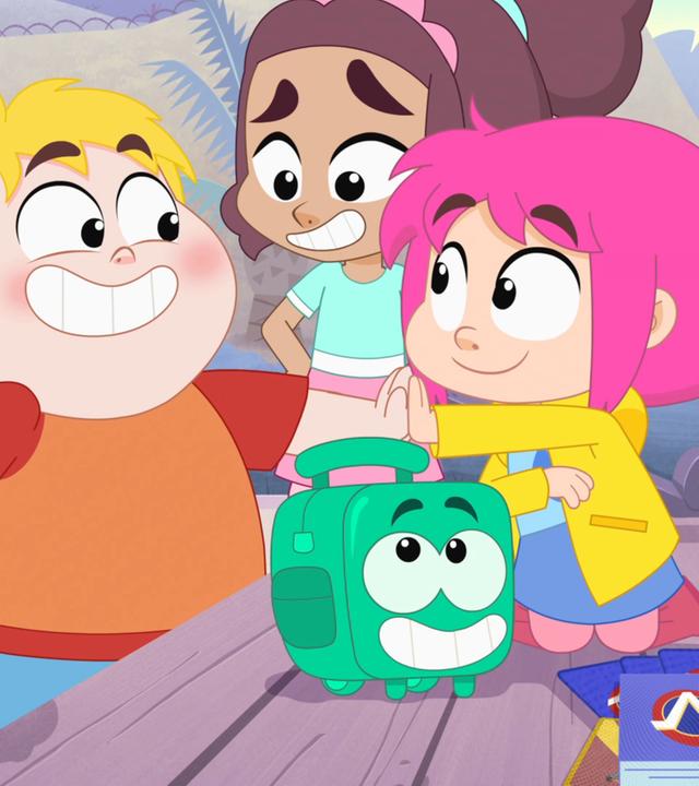 François, Nadine und Rebecca sitzen auf einer Parkbank und geben sich High-Five. Ernest ist als Rucksack getarnt und steht daneben.