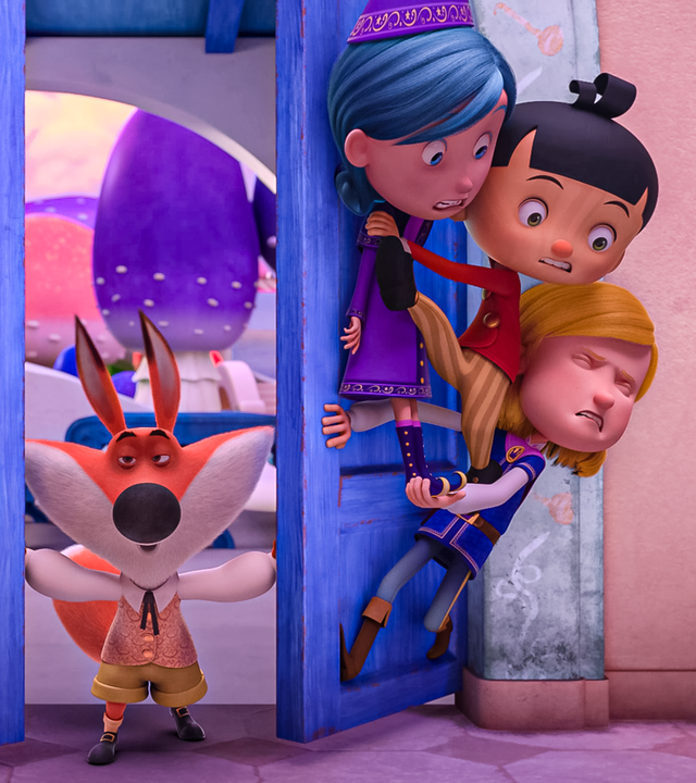 Volpek geht durch eine Tür und die Freunde verstecken sich vor ihm. Luzio und Sophia verstecken sich hinter dem linken Türflügel, Betulla, Pinocchio und Prinz hinter dem rechten.