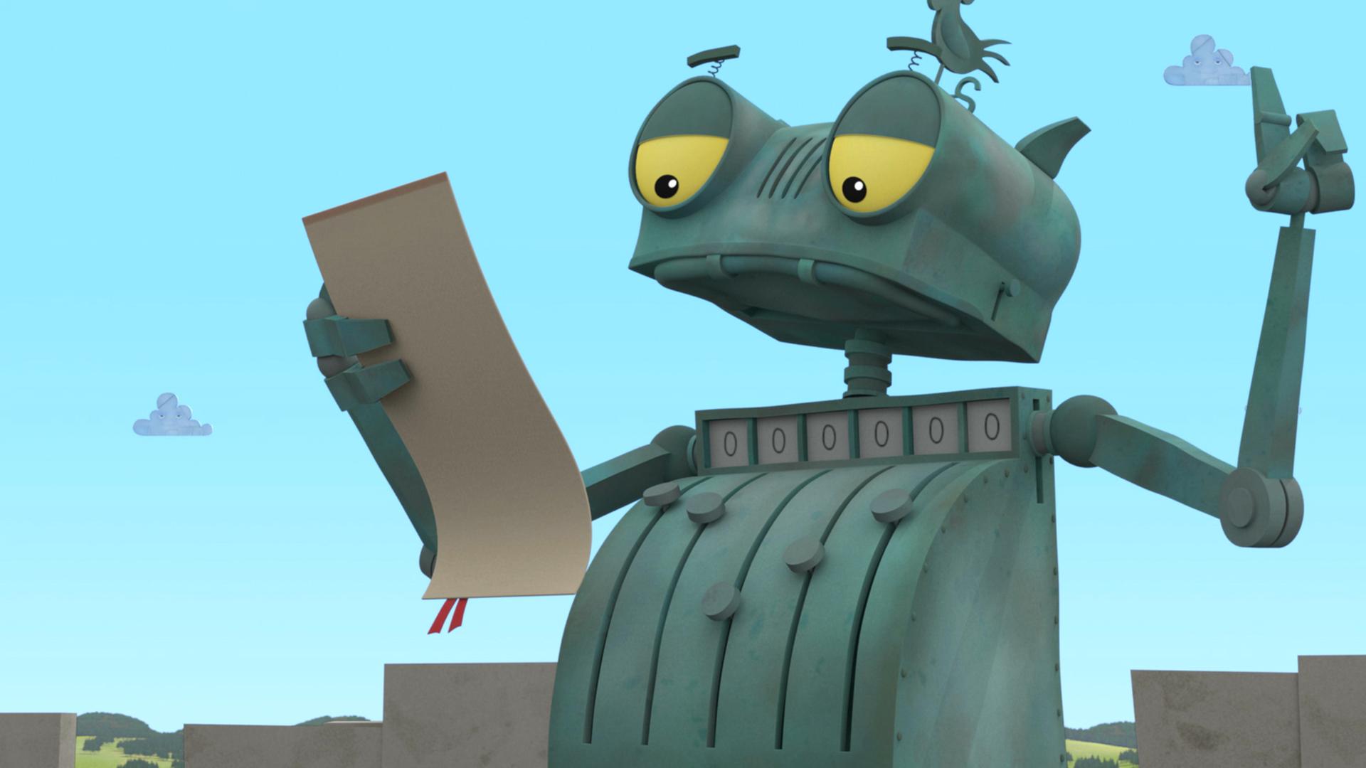 Ritter Rost hält eine Rede. Dabei hält er ein Schriftstück in der rechten Hand und erhebt den linken Finger.