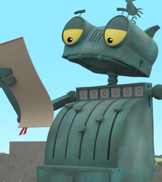 Ritter Rost hält eine Rede. Dabei hält er ein Schriftstück in der rechten Hand und erhebt den linken Finger.