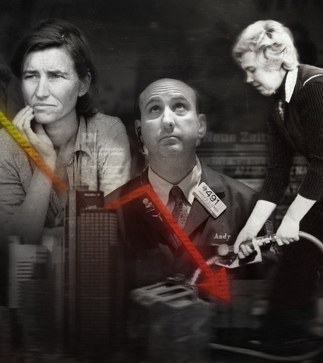 Bildercollage aus Schwarz-Weiß-Fotos: Eine Frau schaut bedrückt in die Ferne, ein Mann schaut noch oben und eine Frau befüllt einen Kanister. Darüber liegt ein gezackter, bunter Pfeil, der nach unten zeigt.