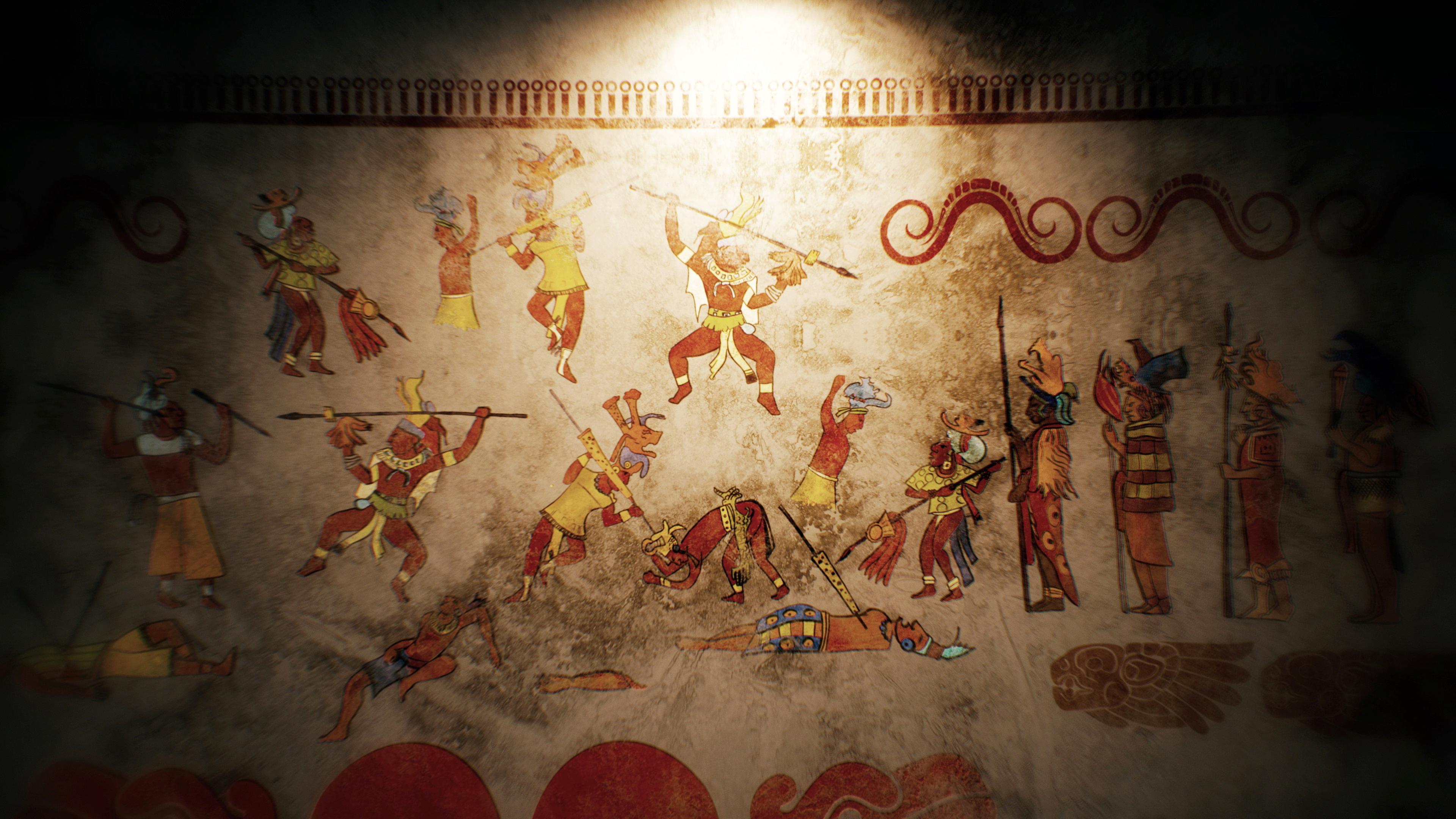 Wandgemälde: Zeichnerische Darstellung von mehreren kämpfenden Figuren mit Speeren, von denen einige bereits verletzt am Boden liegen.