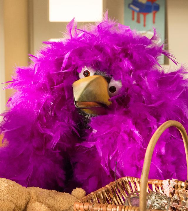 Rudi hockt überwuchert von lila Federn neben dem Tresen und schaut fragend in den Raum.