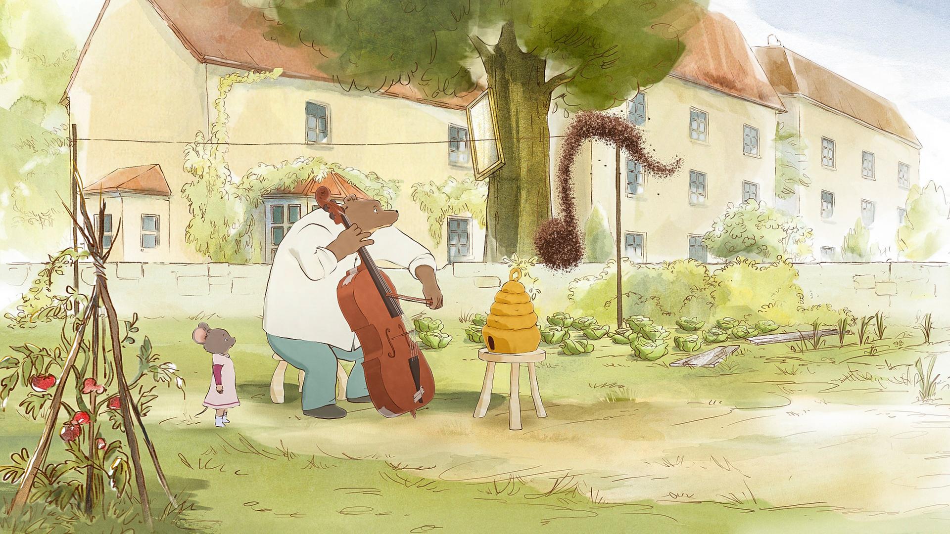 Der Bär Ernest sitzt im Garten auf einem Hocker und spielt auf seinem Cello. Ihm gegenüber steht ein Bienenstock auf einem weiteren Stuhl. Seine Bienen bilden fliegend eine Achtelnote und die Maus Celestine steht neben Ernest und schaut zu.