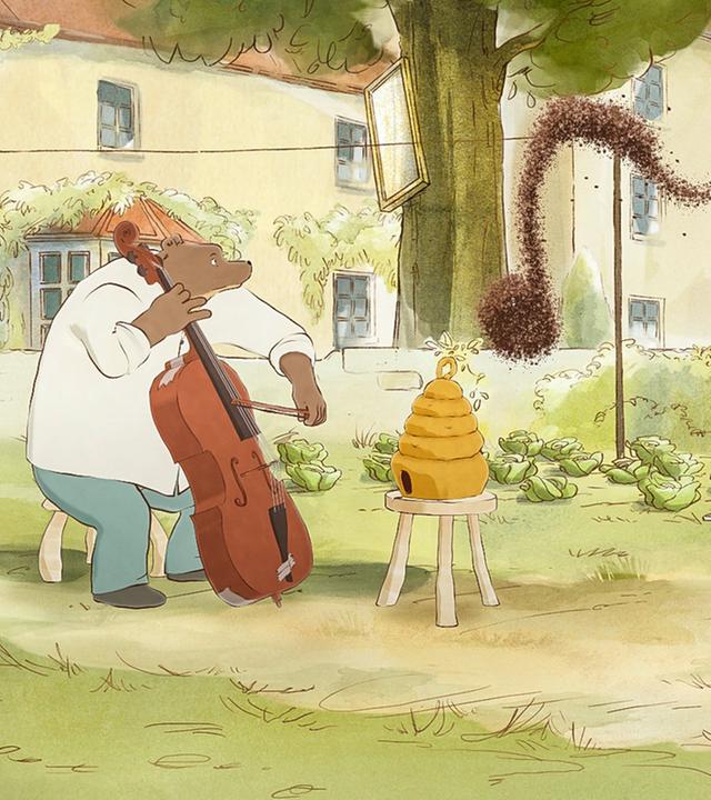 Der Bär Ernest sitzt im Garten auf einem Hocker und spielt auf seinem Cello. Ihm gegenüber steht ein Bienenstock auf einem weiteren Stuhl. Seine Bienen bilden fliegend eine Achtelnote und die Maus Celestine steht neben Ernest und schaut zu.