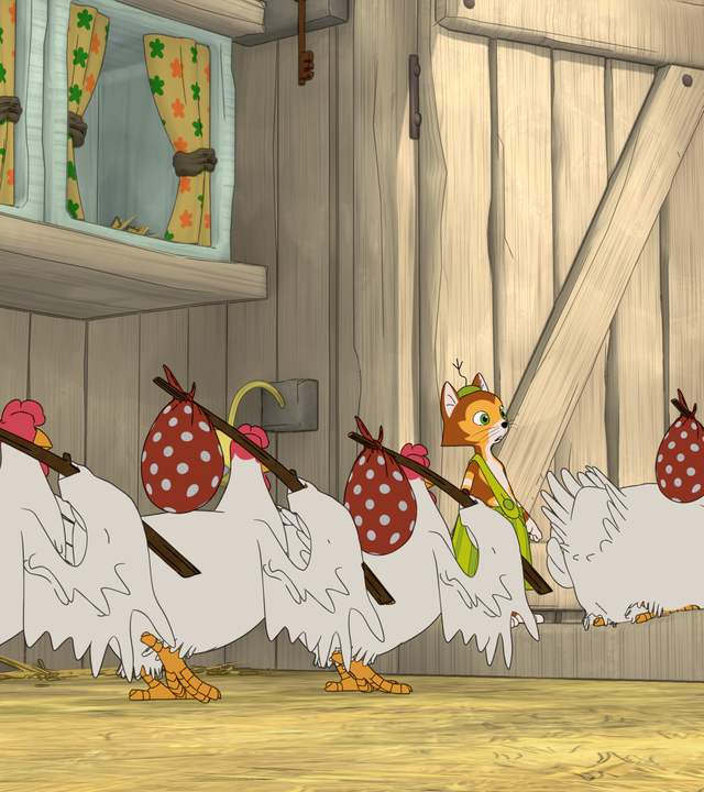 Vier Hühner, die je ein Bündel über der Schulter tragen, verlassen an Findus vorbeigehend den Hühnerstall.