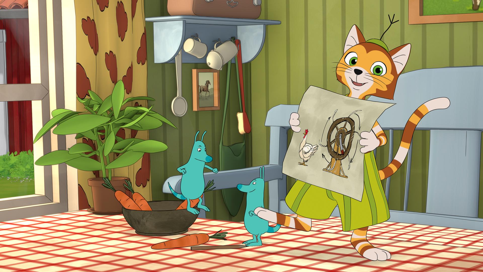 Findus steht auf dem Esstisch und hält freudig ein Blatt in den Händen, das seine neueste Erfindung, eine Hühnerfeder-Wohlfühl-Maschine, abbildet.