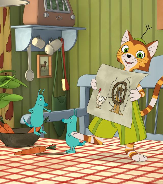 Findus steht auf dem Esstisch und hält freudig ein Blatt in den Händen, das seine neueste Erfindung, eine Hühnerfeder-Wohlfühl-Maschine, abbildet.