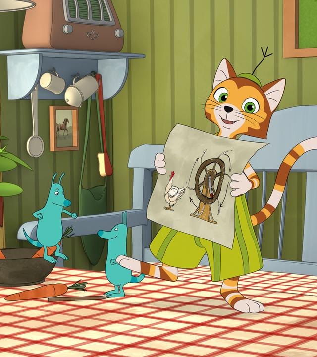 Findus steht auf dem Esstisch und hält freudig ein Blatt in den Händen, das seine neueste Erfindung, eine Hühnerfeder-Wohlfühl-Maschine, abbildet.