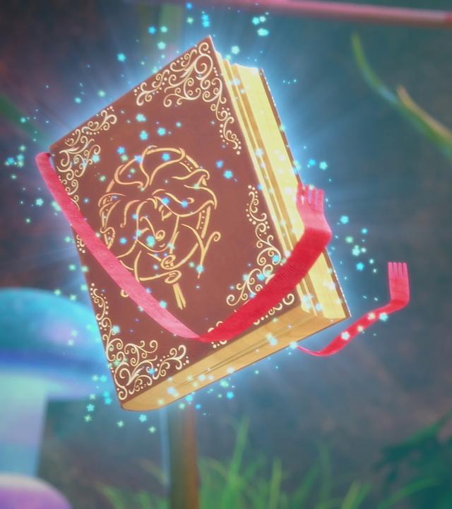 Das magische Buch Mauli schwebt freudig glitzernd in der mit Pflanzen bewachsenen Höhle des mystischen Mull. Ihm gegenüber befindet sich ein großer, blauer Schmetterling, der Mauli mit sanftmütigem Ausdruck betrachtet.