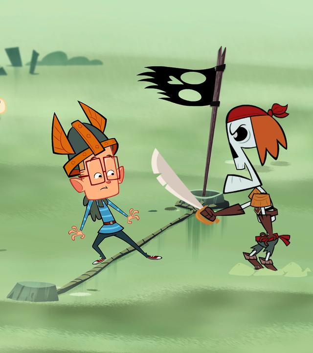 Auf der Insel der grässlichen Ghule stehen Ratrick und Ephi mit erhobenen Waffen hinter Marcus. Dieser versucht, die Linie ins Reich der Ghule zu überqueren, als plötzlich ein Ghul auftaucht. Letzterer ist mit einem Säbel bewaffnet und geht auf Marcus zu.