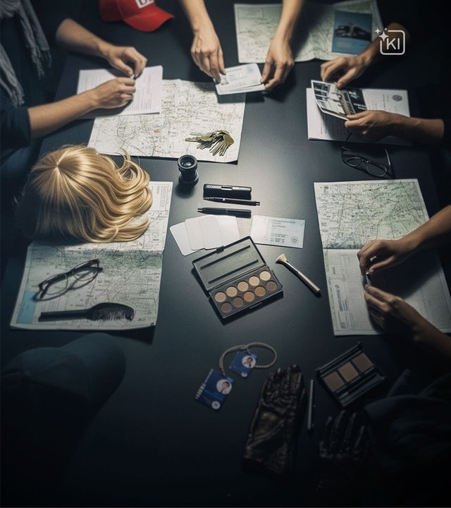 Blick auf einen Tisch mit Utensilien für verdeckte Ermittlungen wie Make up und Perücke