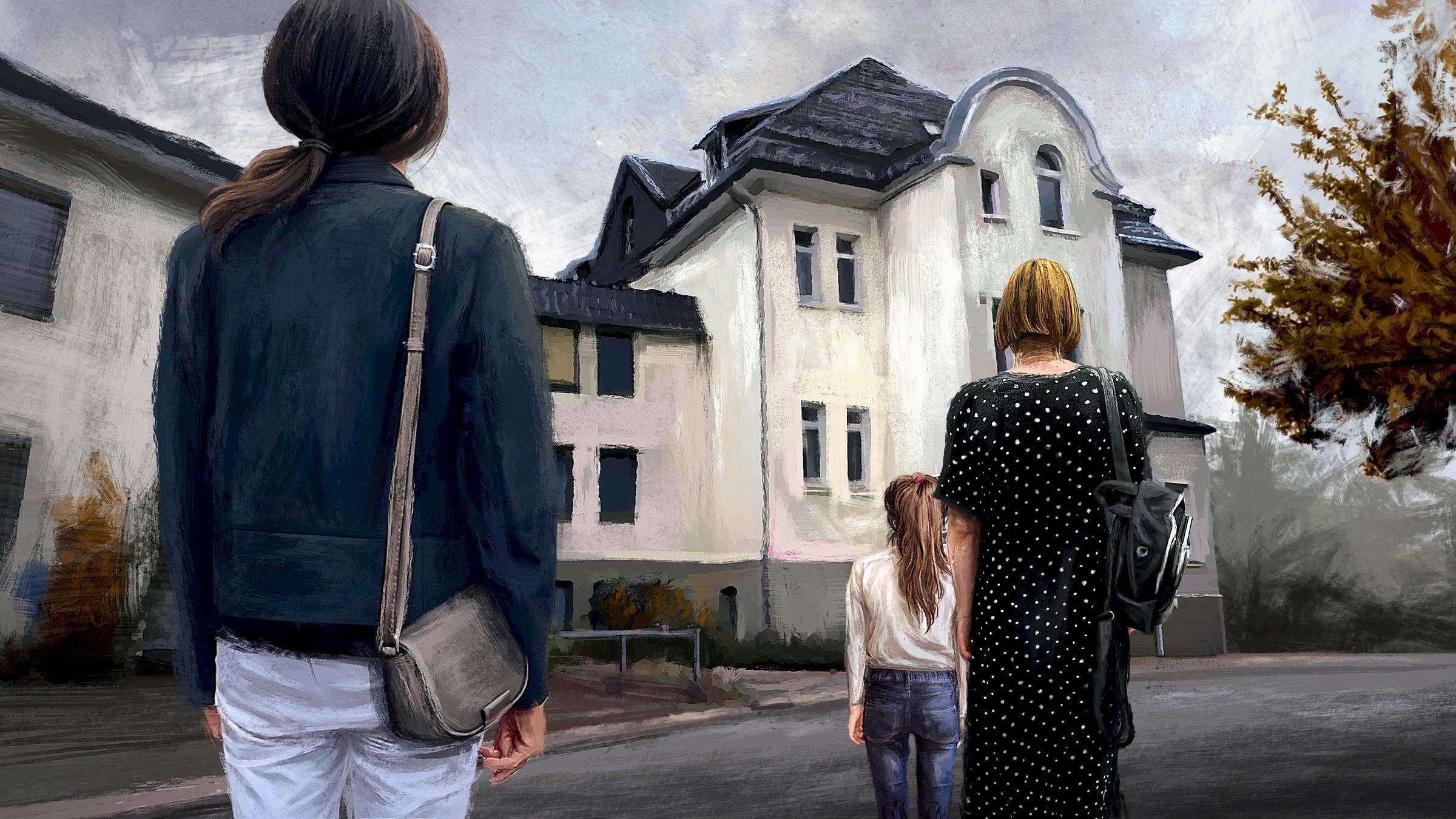 Zeichnung. Zwei Frauen und ein Mädchen stehen vor einem Haus.