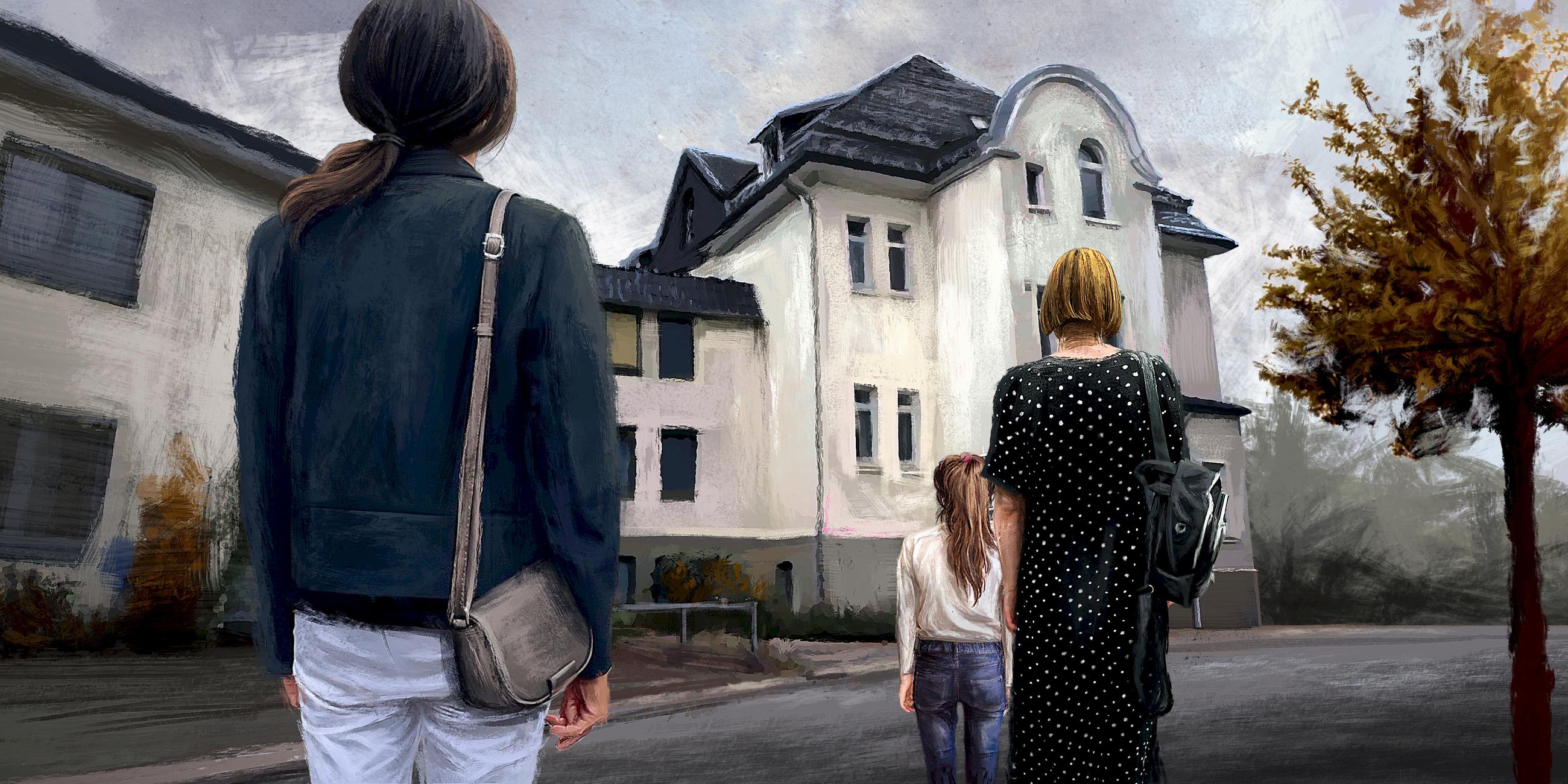 Zeichnung. Zwei Frauen und ein Mädchen stehen vor einem Haus.