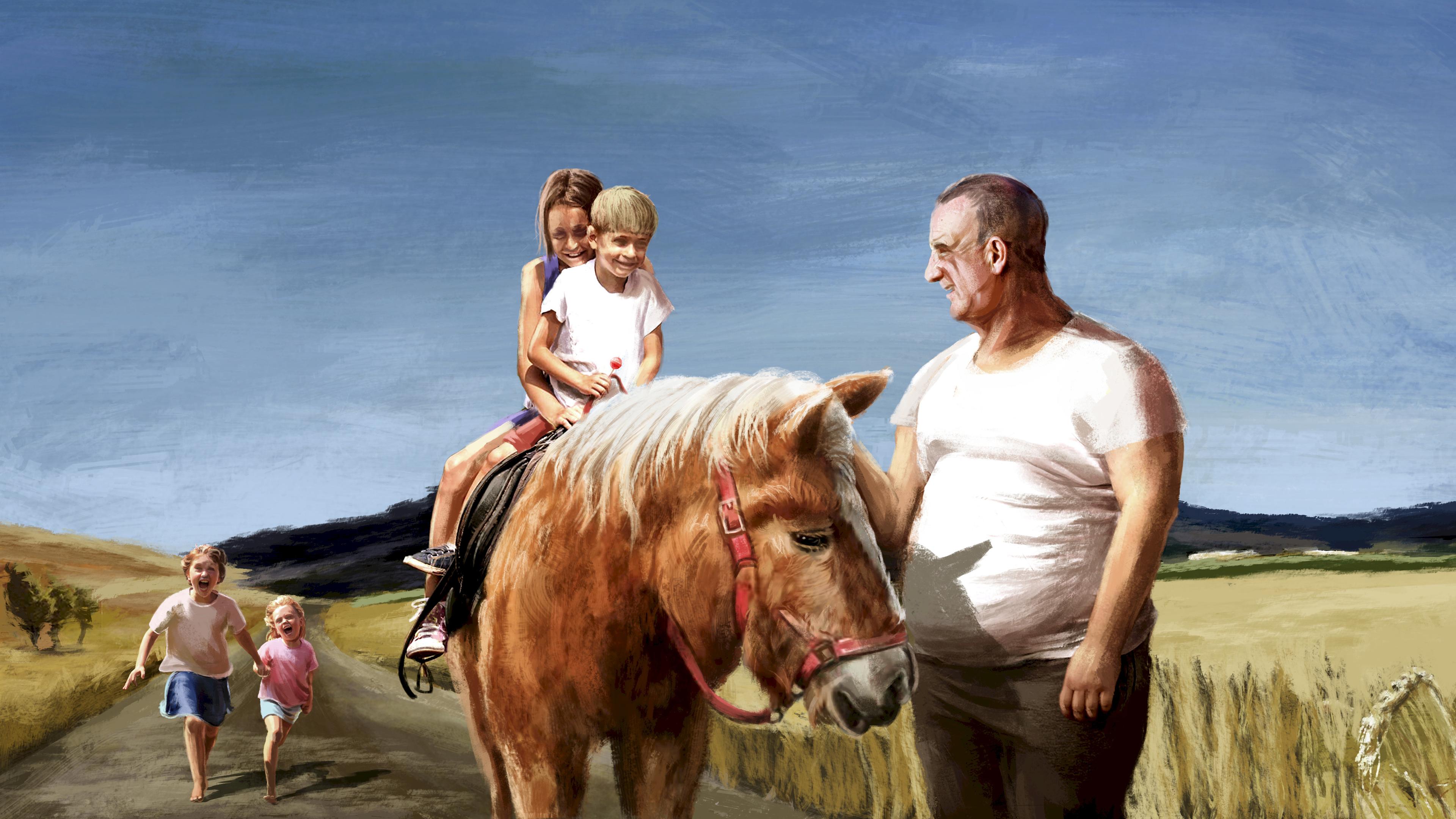 Zeichnung. Andreas V. steht neben einem Pferd und lächelt zwei Kindern zu, die auf dem Pferd sitzen. Im Hintergrund zwei weitere Kinder.