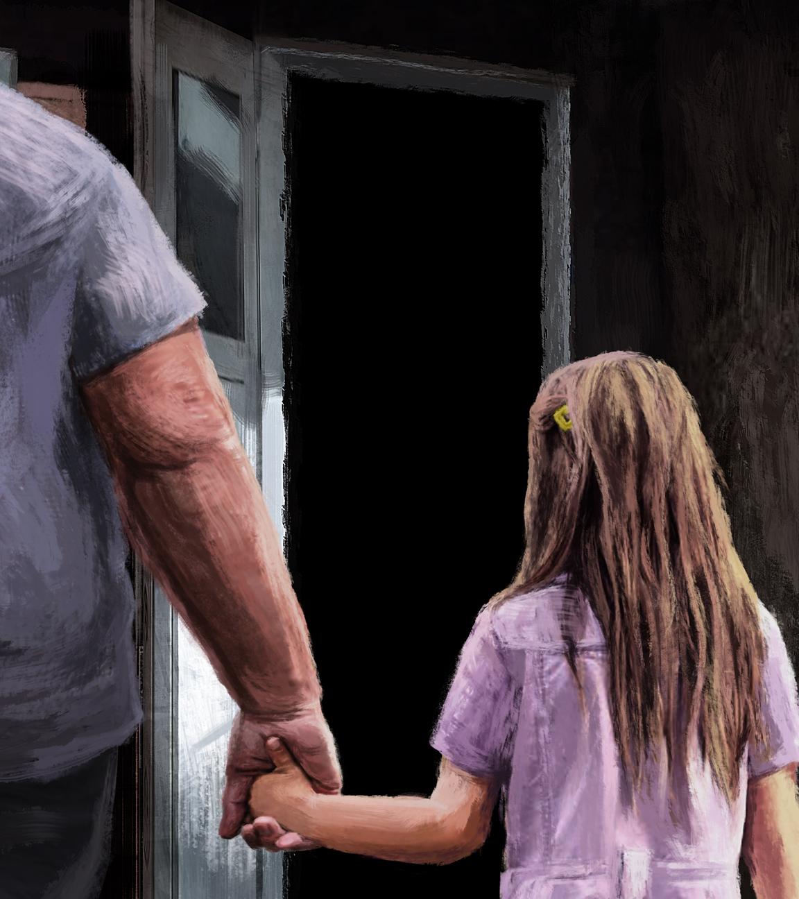 Ein Mann hält die Hand eines Mädchens.