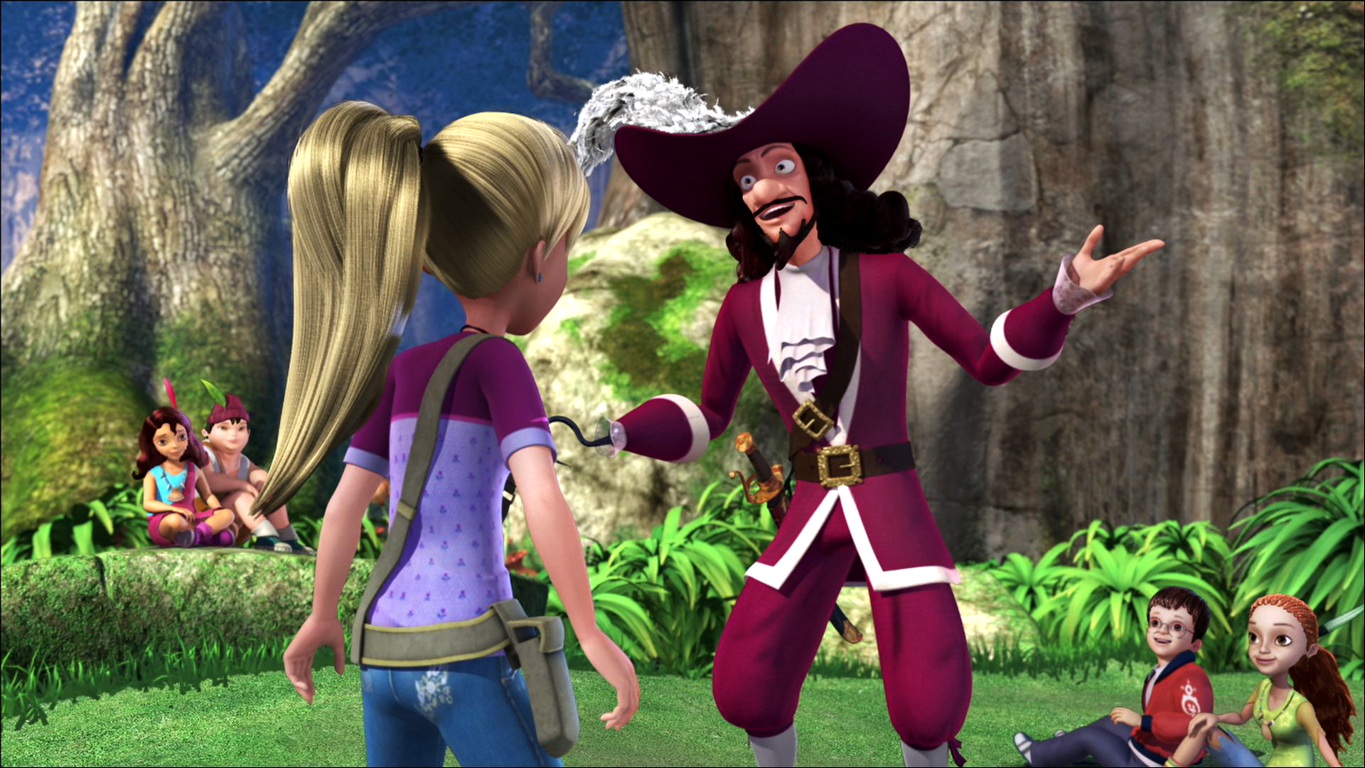 Ein verrückt wirkender Hook steht Wendy gegenüber. Die restlichen Kinder sitzen hinter ihm und schauen ihn erwartungsvoll an.