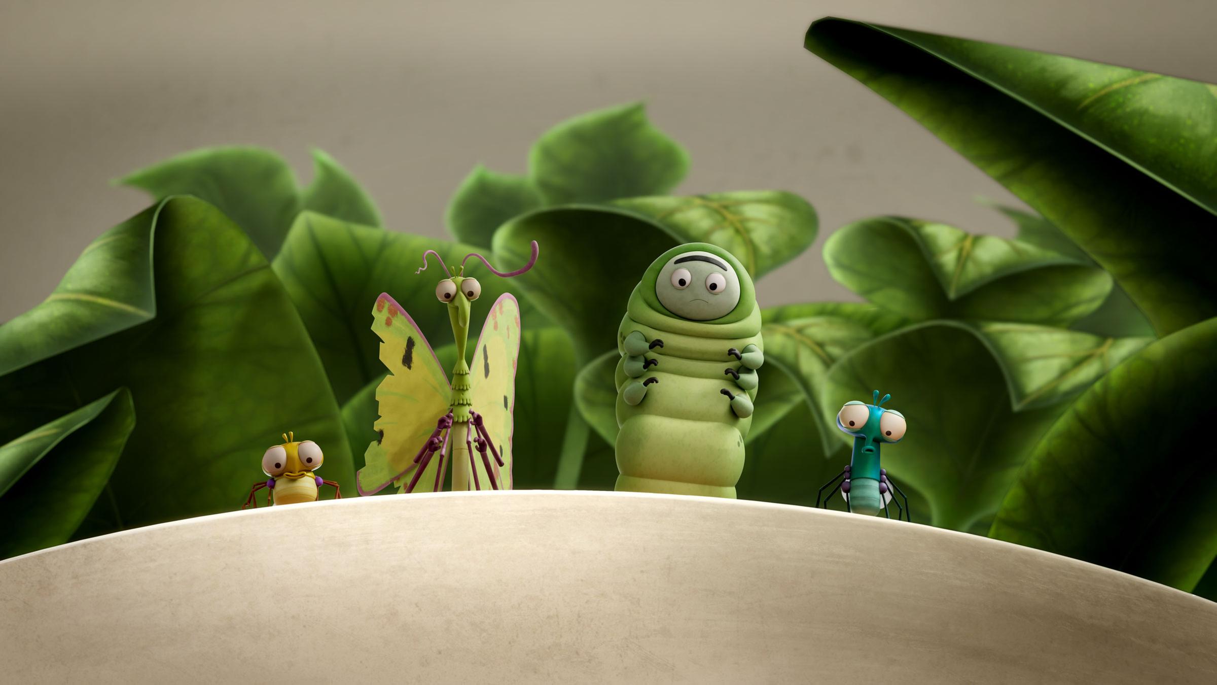 Auf dem Außenrand eines Blumentopfs stehen PB, Cornea, die Raupe Meister Wackel und Floyd. Im Blumentpf wohnt Schmetterlingsdame Cornea. Sie schauen alle mit weit aufgerissenen Augen runter in die Tiefe.