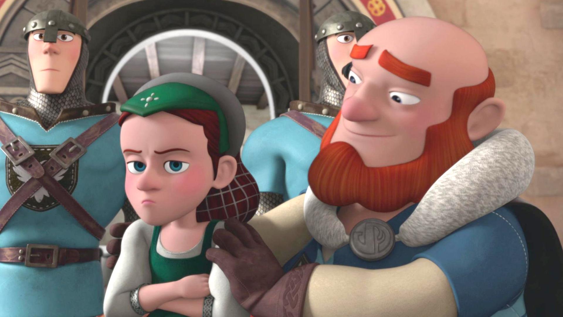 Lord Gudfred hält seine trotzig aussehende Tochter Louisa an der Schulter fest. Louisa hat ihre Arme vor ihrem Körper verschränkt. Hinter ihnen stehen zwei Wachen.