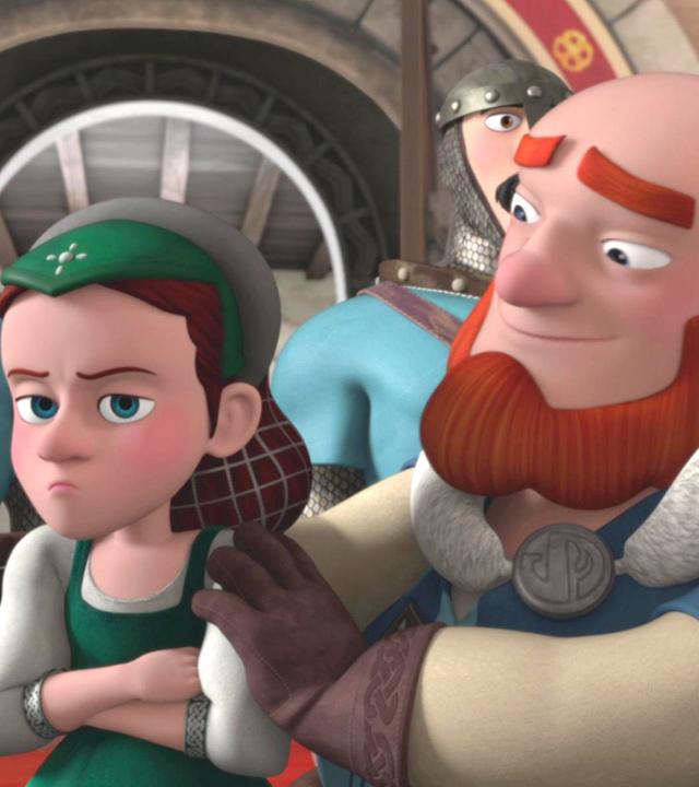 Lord Gudfred hält seine trotzig aussehende Tochter Louisa an der Schulter fest. Louisa hat ihre Arme vor ihrem Körper verschränkt. Hinter ihnen stehen zwei Wachen.