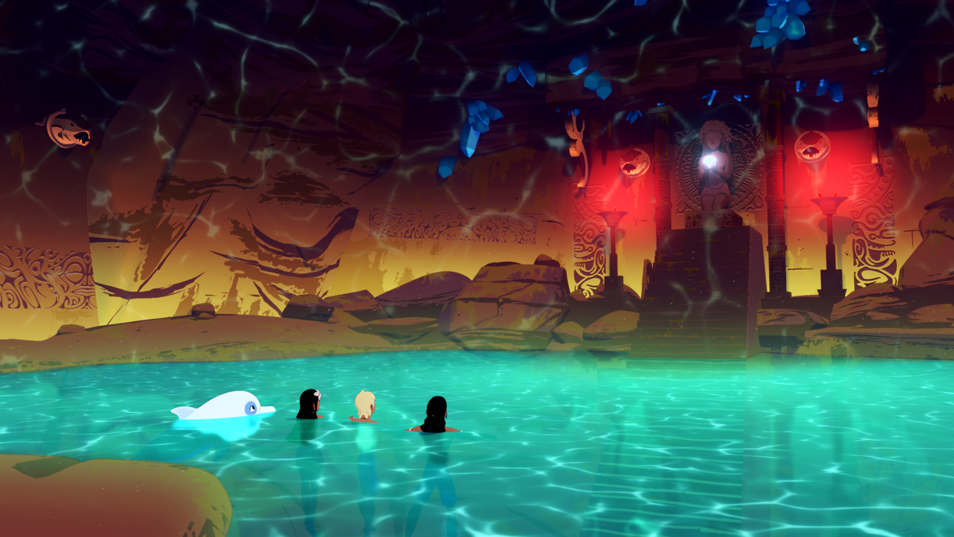 Zoom, Timeti, Yann und Auru schwimmen in einer prachtvollen Unterwasserhöhle. Dort soll der Legende nach der Schatz der ersten Königin von Maotou versteckt sein.