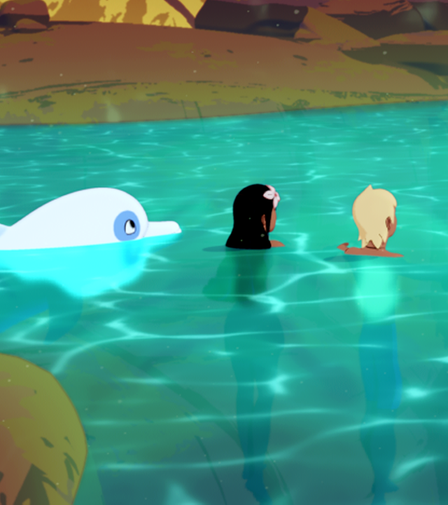 Zoom, Timeti, Yann und Auru schwimmen in einer prachtvollen Unterwasserhöhle. Dort soll der Legende nach der Schatz der ersten Königin von Maotou versteckt sein.