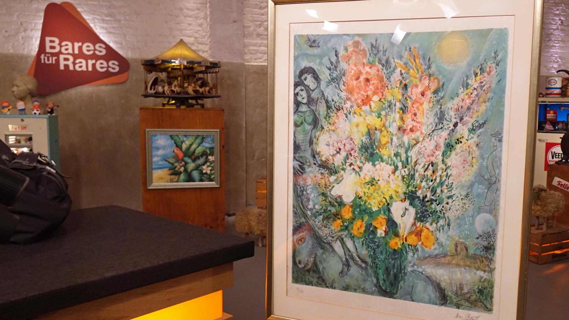 Eine Farblithografie eines bunten Blumenstraußes von Marc Chagall.