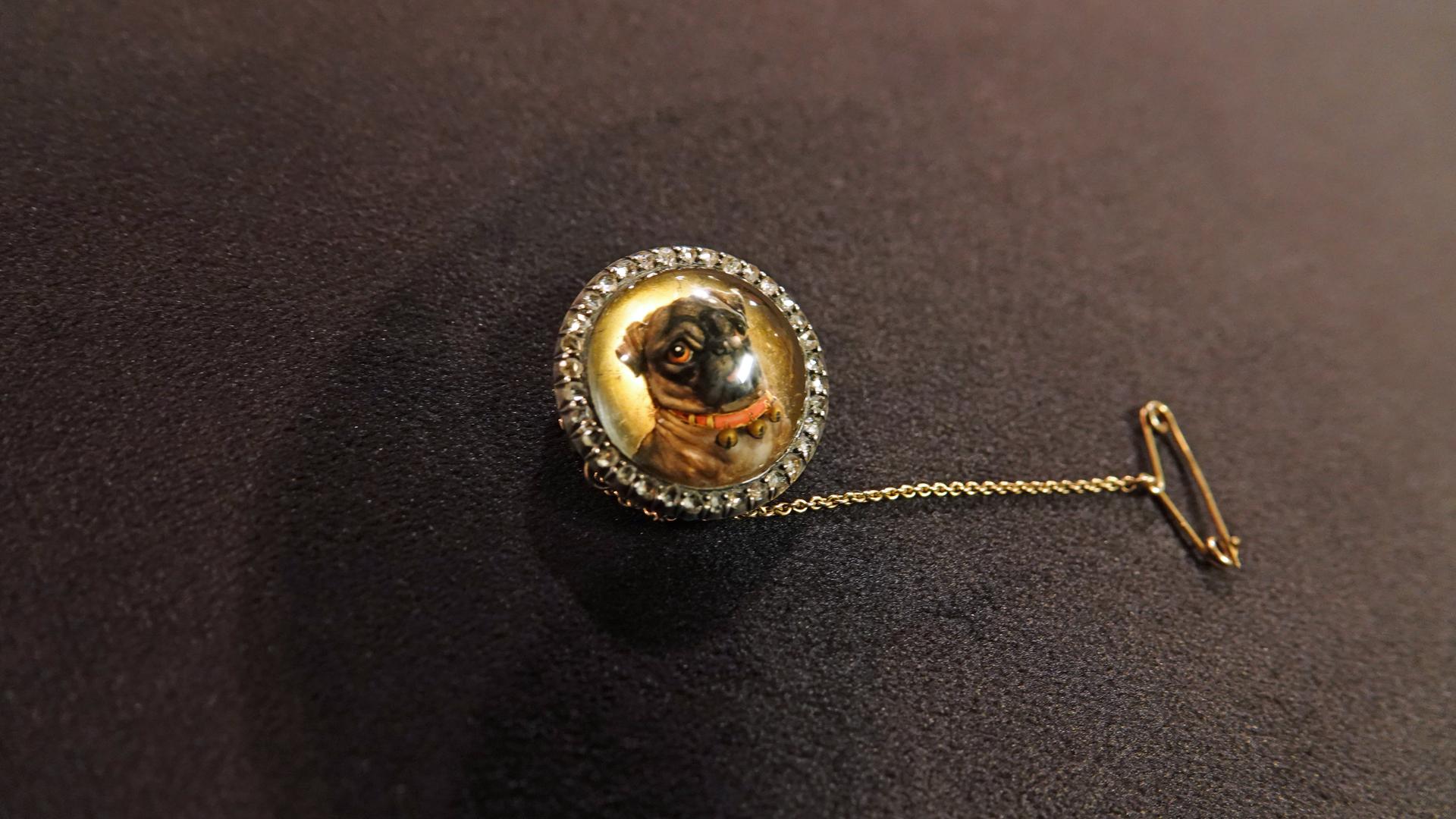 Eine kleine, runde Brosche mit einem dunkelbraunem Mopsgesicht. 
