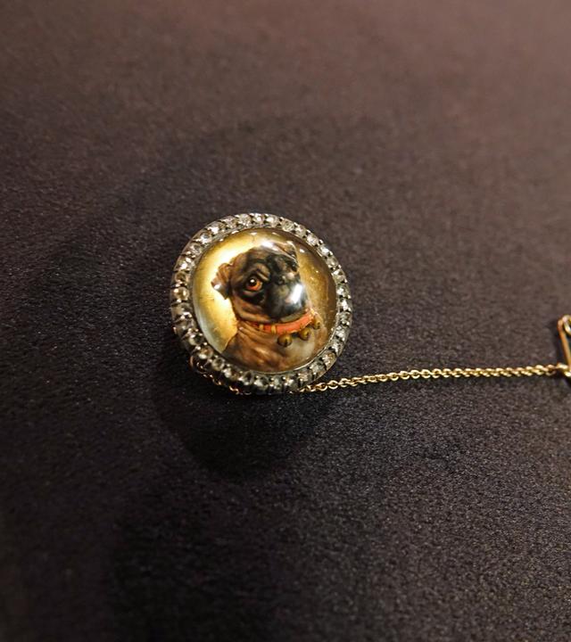 Eine kleine, runde Brosche mit einem dunkelbraunem Mopsgesicht. 