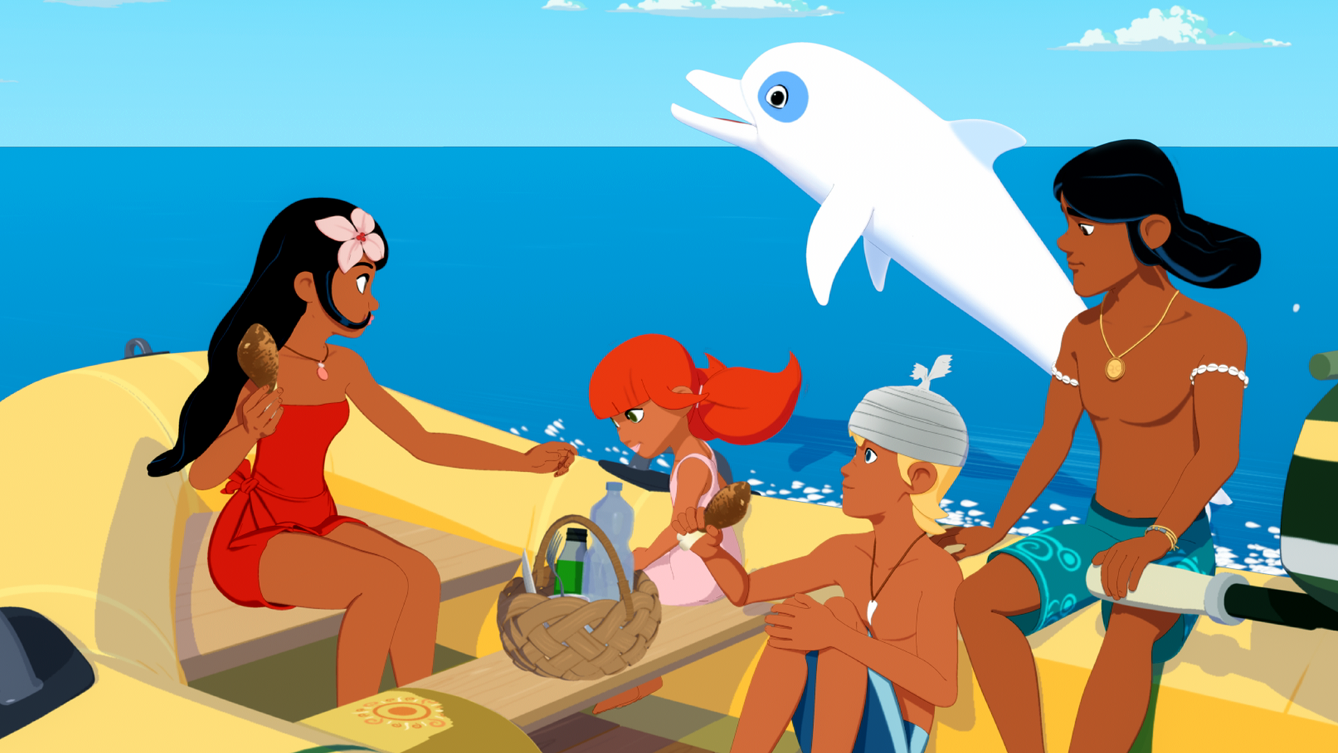 Yann sitzt mit Timeti, Marina und Auru auf einem Boot. Yann trägt einen Verband um den Kopf. Zwischen ihm und Timeti steht ein Picknickkorb, im Wasser hinter ihnen springt Zoom in die Luft.