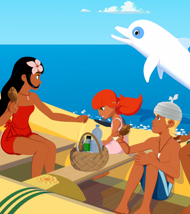 Yann sitzt mit Timeti, Marina und Auru auf einem Boot. Yann trägt einen Verband um den Kopf. Zwischen ihm und Timeti steht ein Picknickkorb, im Wasser hinter ihnen springt Zoom in die Luft.