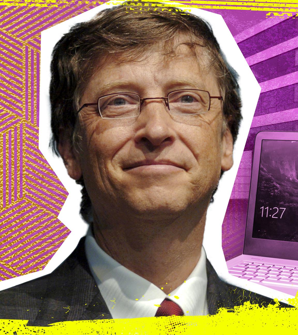  Zentral ein Porträt von Bill Gates, im Hintergrund ein Microsoft PC und der Firmensitz der Gates Foundation.