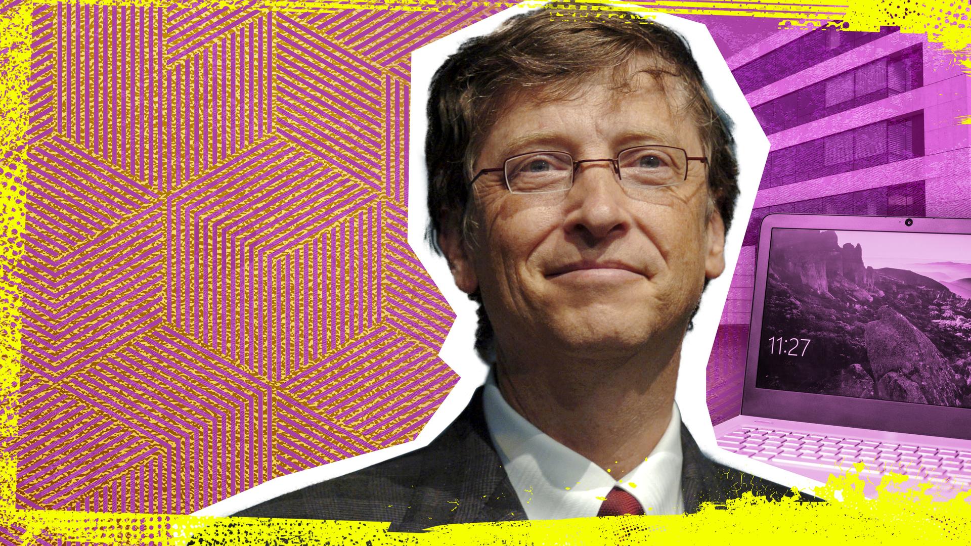 Zentral ein Porträt von Bill Gates, im Hintergrund ein Microsoft PC und der Firmensitz der Gates Foundation.