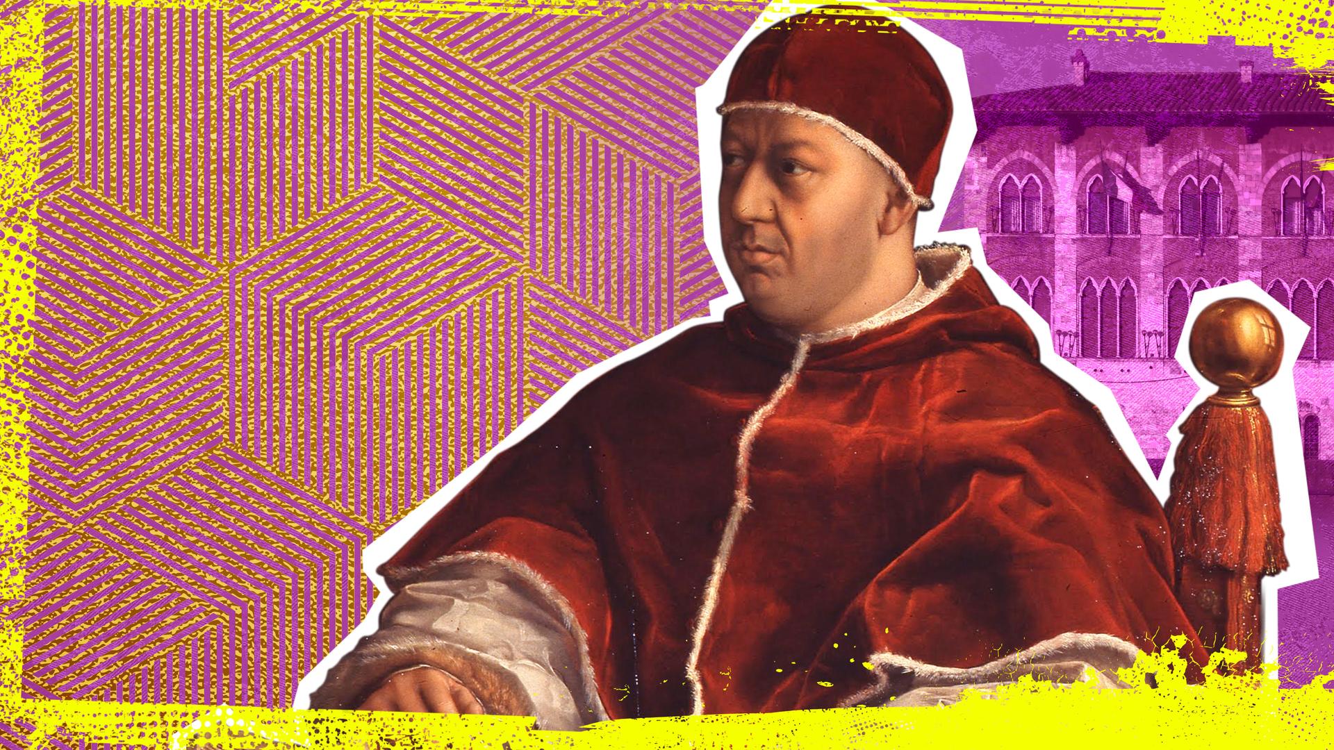 Zentral ein Porträtbild des Papstes Leo X, im Hintergrund der Palazzo Medici.