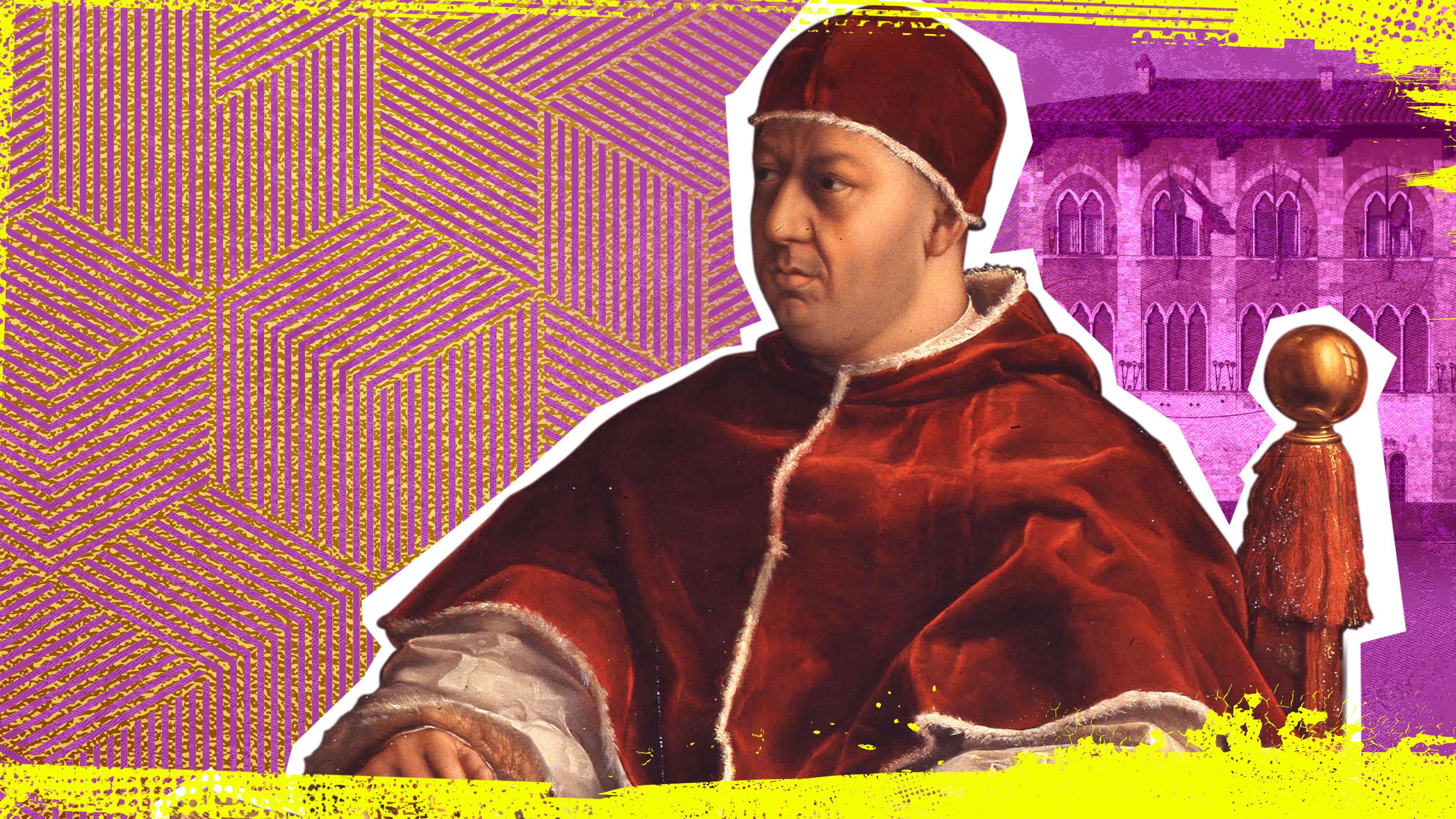  Zentral ein Porträtbild des Papstes Leo X, im Hintergrund der Palazzo Medici.