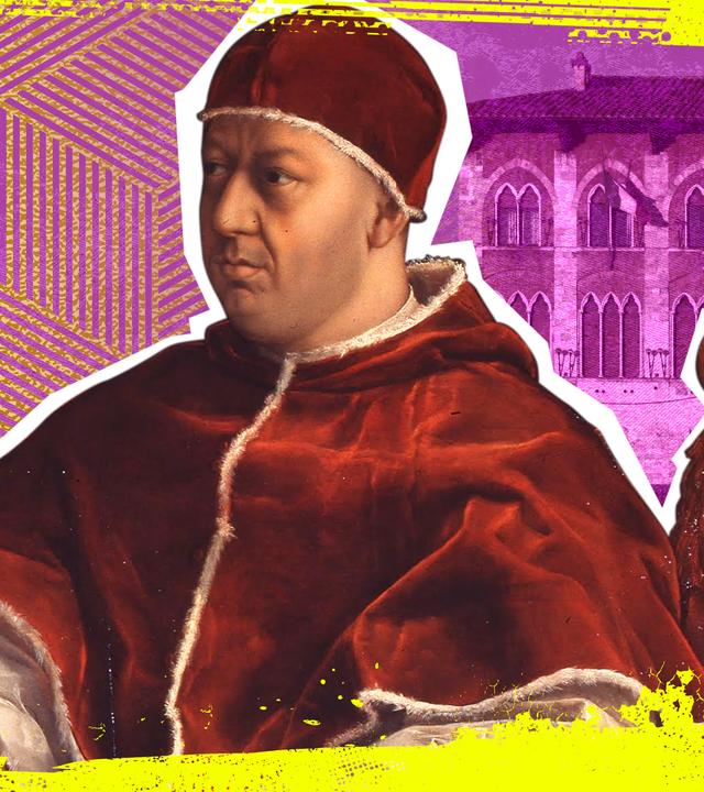 Zentral ein Porträtbild des Papstes Leo X, im Hintergrund der Palazzo Medici.