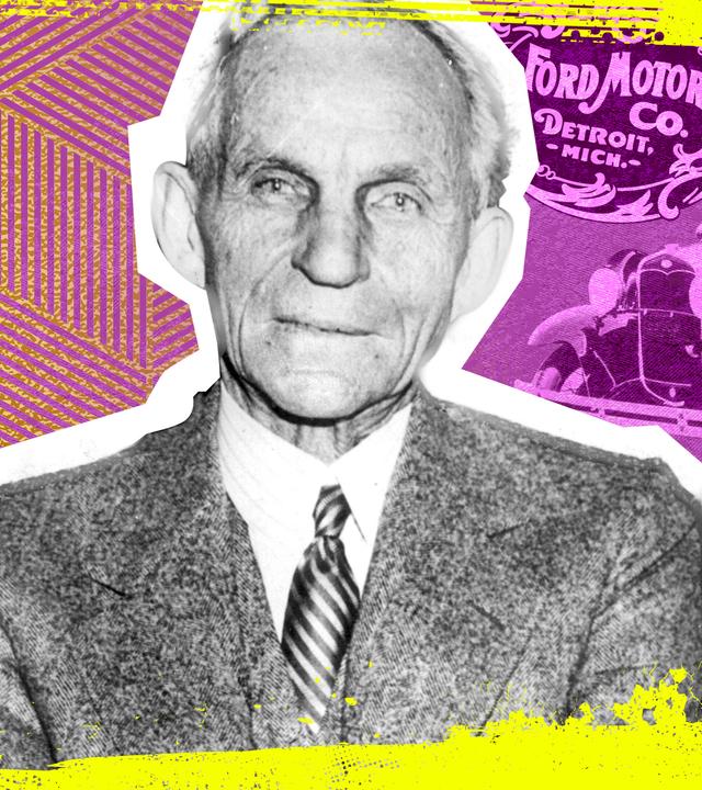 Zentral ein Porträt von Henry Ford, im Hintergrund ein Firmenschild und eines der von Ford produzierten Autos.