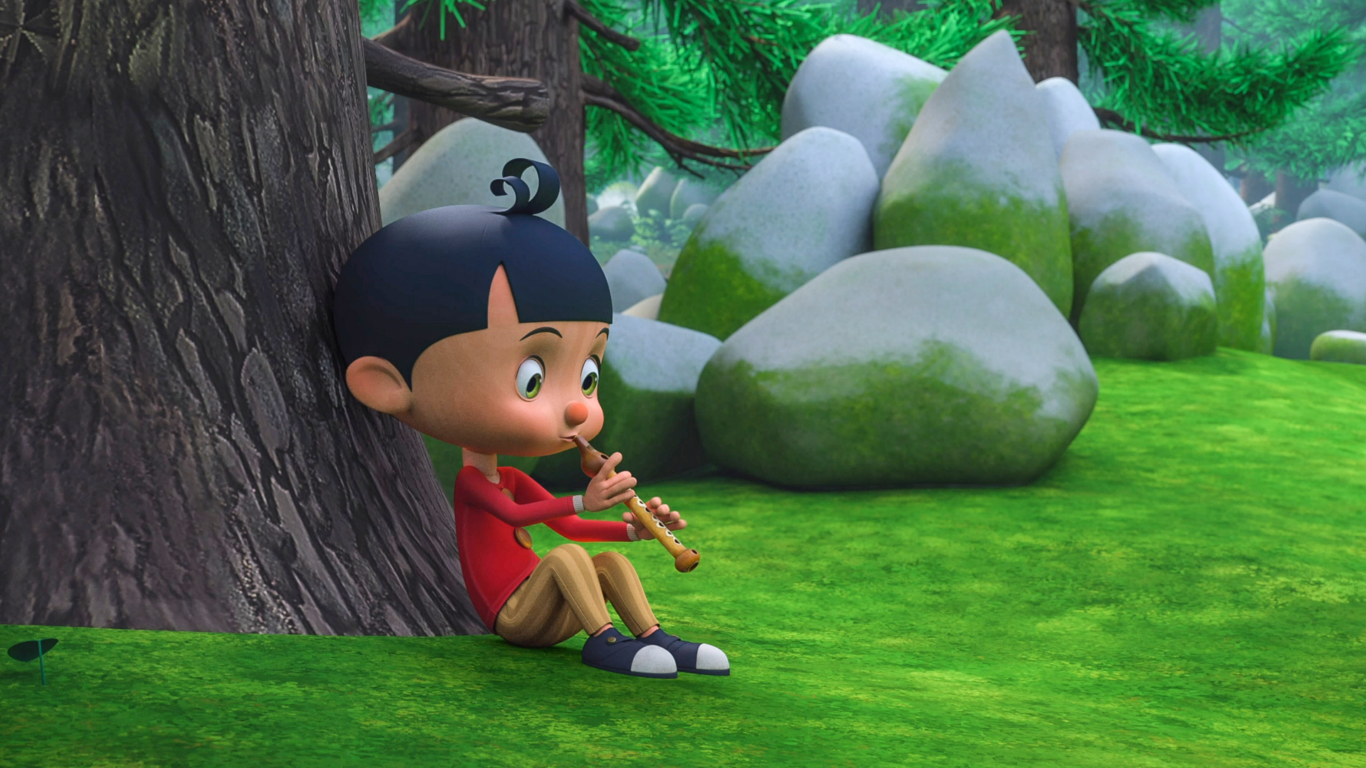 Pinocchio sitzt auf dem Boden an einen Baum gelehnt und spielt auf einer Flöte.
