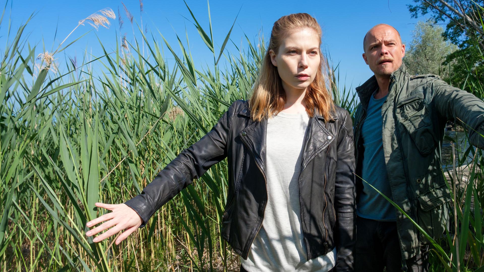 „Die Toten vom Bodensee - Die Meerjungfrau“: Zeiler (Nora Waldsätten) und Oberländer (Matthias Koeberlin) schieben Schilf zur Seite und sehen angespannt nach vorne.