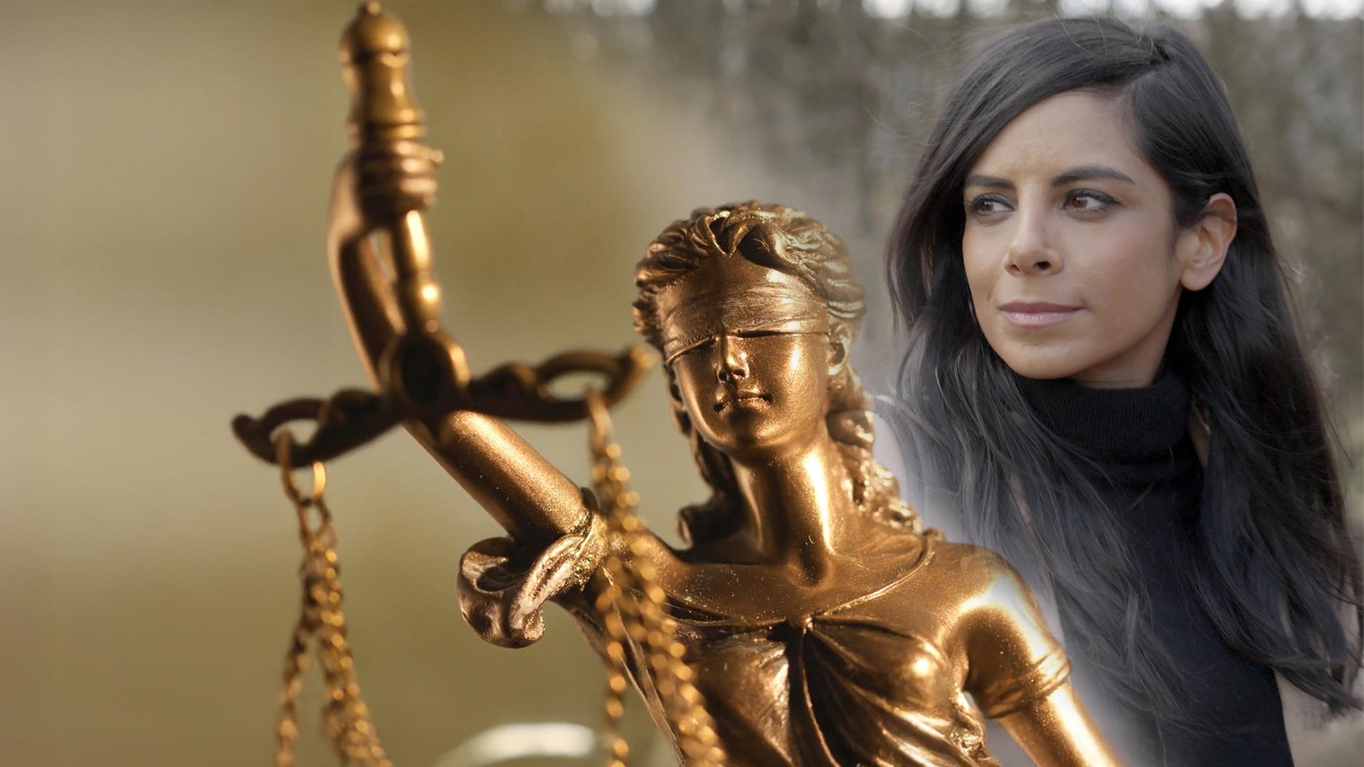 Collage. Rechts: Moderatorin Collien Ulmen-Fernandes, links im Vordergrund sieht man die Justitia-Figur.