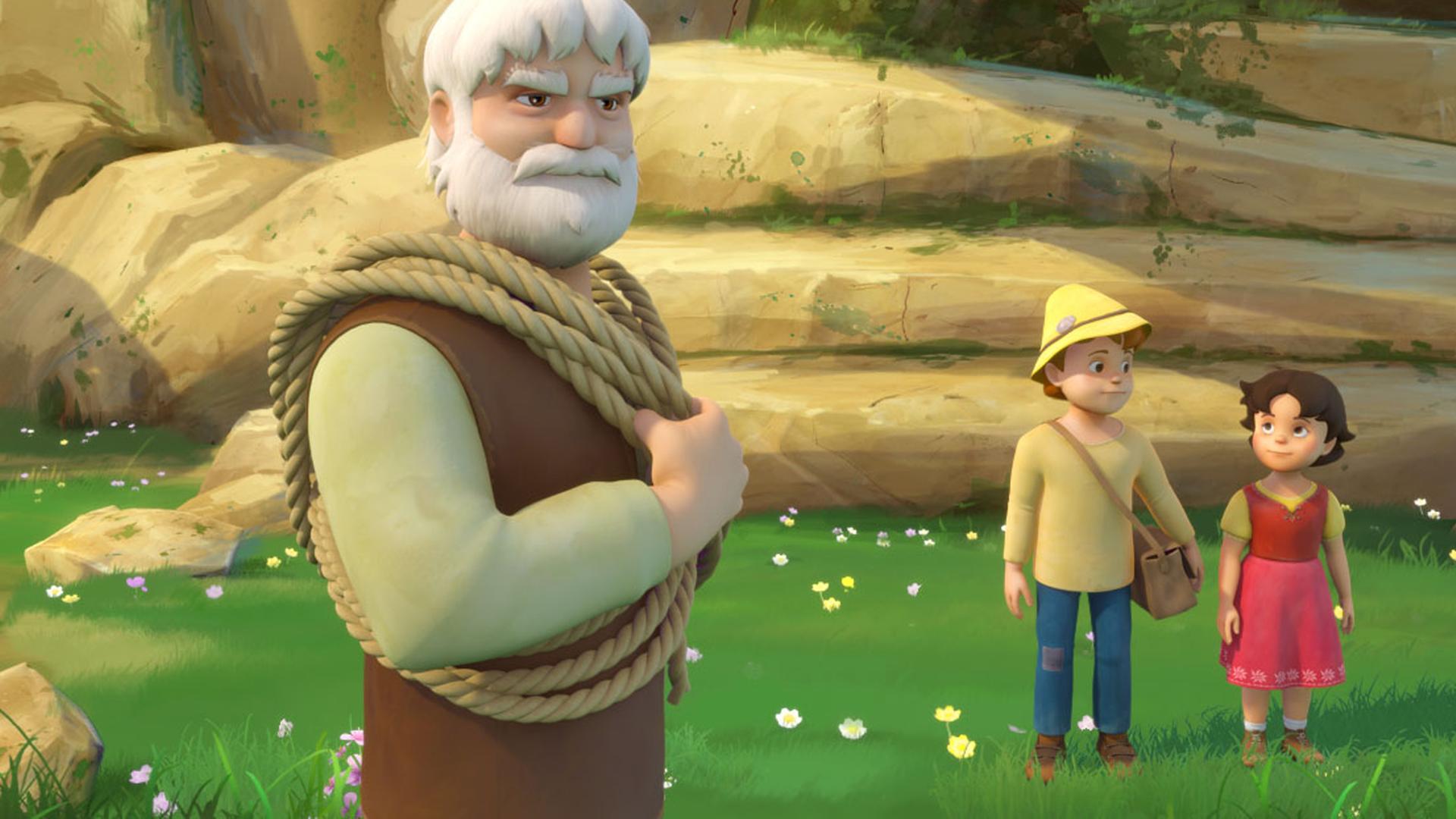 Großvater hilft in der Not mit einem Seil, das er sich um den Körper gebunden hat. Peter und Heidi stehen daneben.